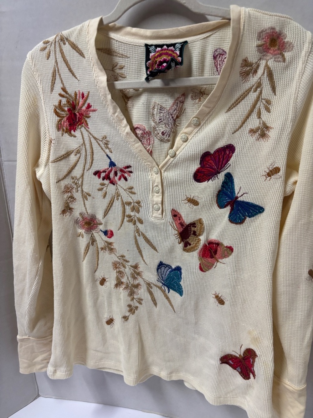 Johnny Was Cream Waffle-Knit Top with Pink & Teal Embroidered Patch thermal